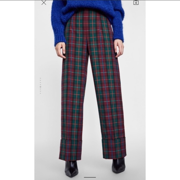 Zara plaid wide leg trousers with bottom cuff Sz. M - Picture 1 of 12